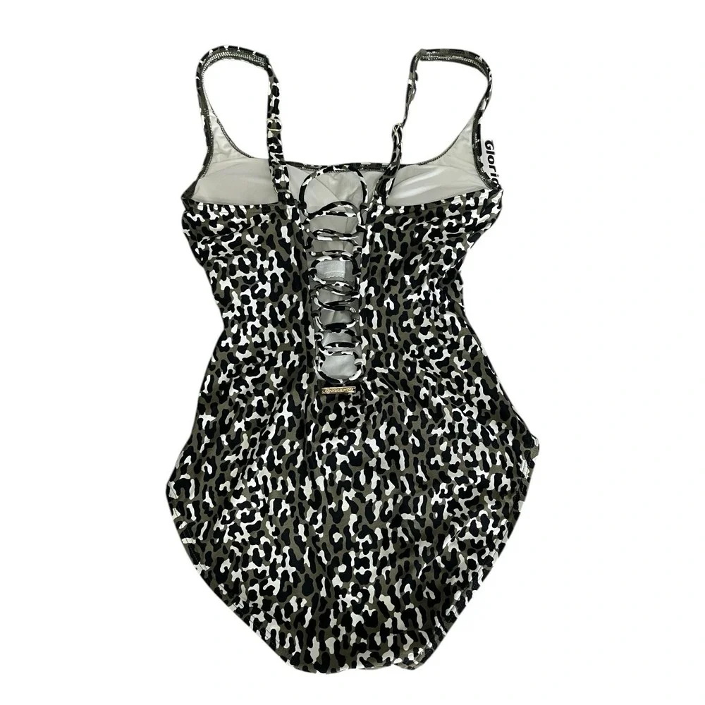 MICHAEL‎ KORS One Piece Swimsuit Leopard Print Lace Up Back Women Size 10